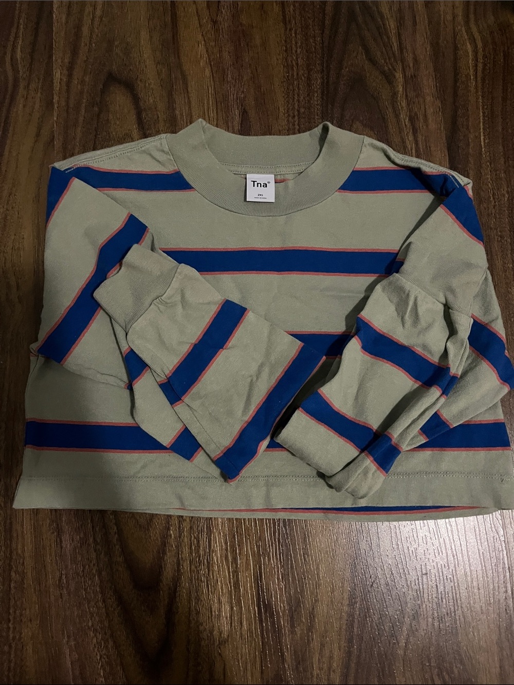 Aritzia Olive Green Crewneck Sweater with Blue and Red Stripes